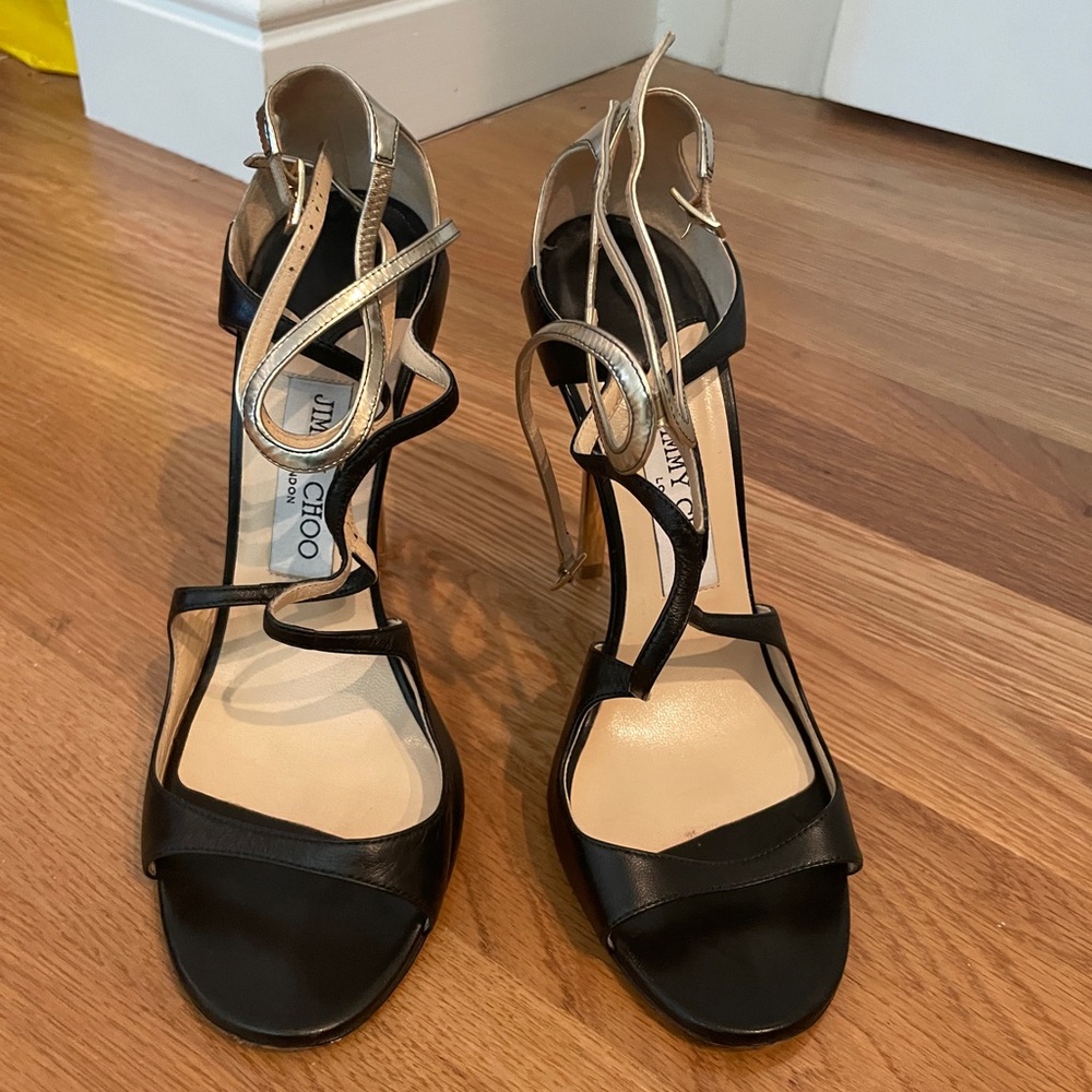 Jimmy Choo black and gold strappy heels